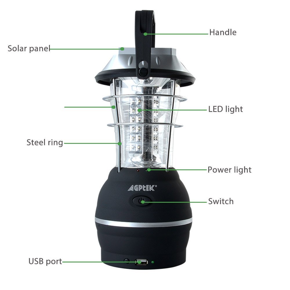 Solar Powered, Crank Dynamo, Battery Operated Lantern- 4 Ways to Power- 180  Lumen 36-LED with Adjustable Settings for Camping, Emergency by Whetstone