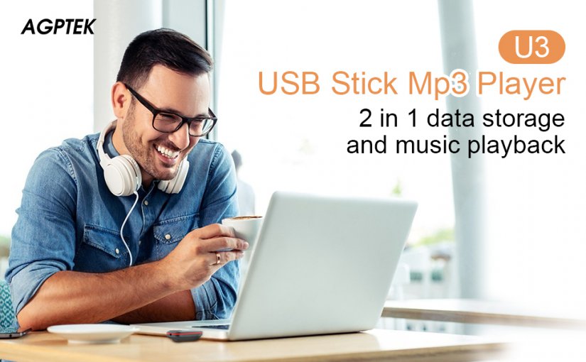 AGPTEK U3 USB Stick Mp3 Player, 8GB Music Player Supports Replaceable AAA Battery, Recording, FM
