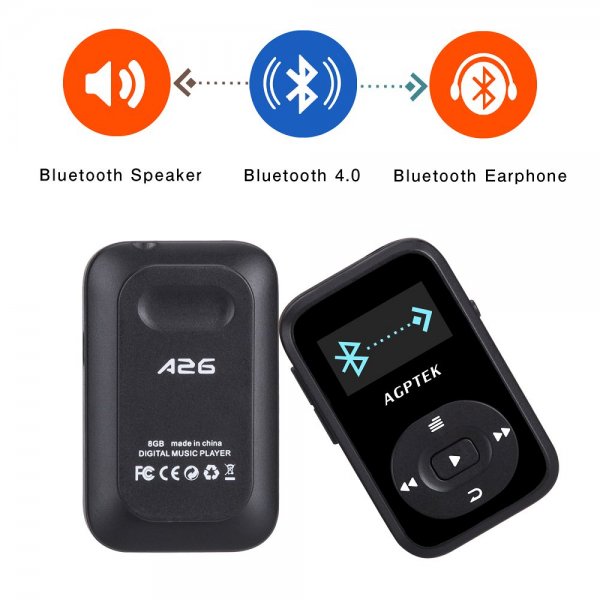 A26 Clip 8GB Bluetooth MP3 Player with Sweatproof Silicone Case, Black