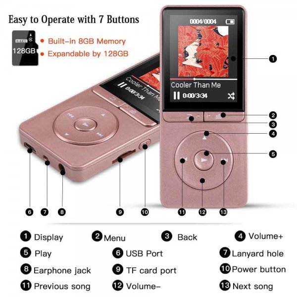 AGPTEK A20 8GB MP3 Player with FM Radio/Voice Recorder, 70 Hours