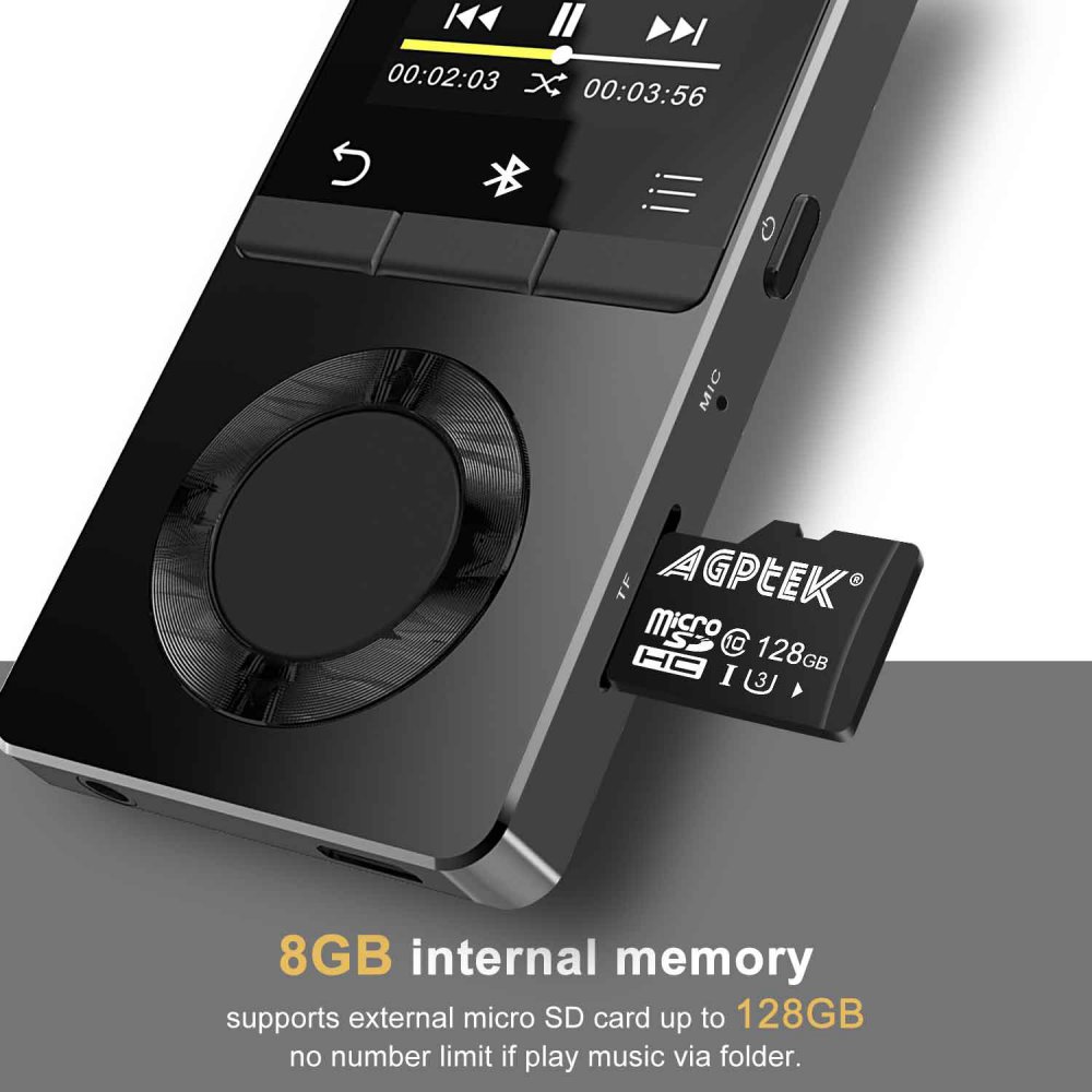 8GB Metal Bluetooth MP3 Player with Touch Button and Loud Speaker, Lossless  Music Player with 1.8in TFT Screen & Headphones, Support up to 128GB,AGPTEK  M6SB Black