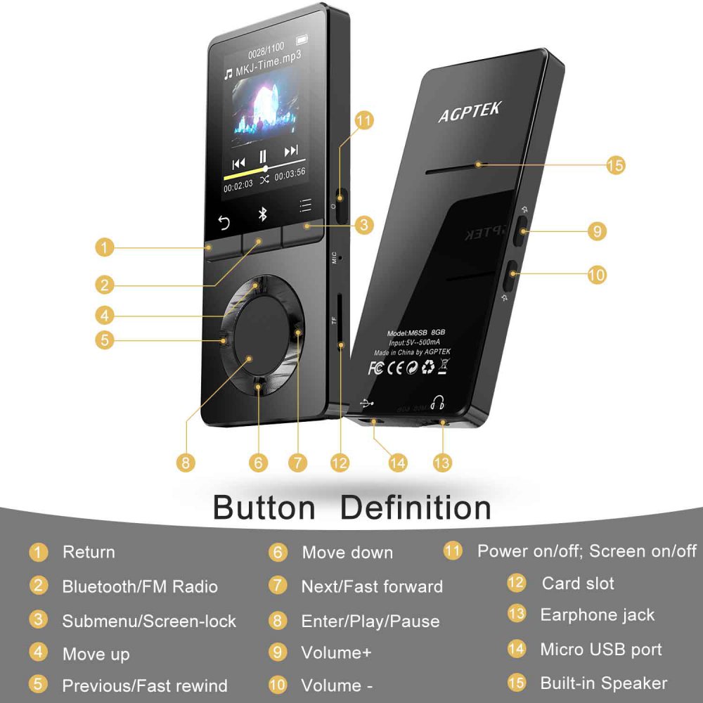 8GB Metal Bluetooth MP3 Player with Touch Button and Loud Speaker, Lossless  Music Player with 1.8in TFT Screen & Headphones, Support up to 128GB,AGPTEK  M6SB Black