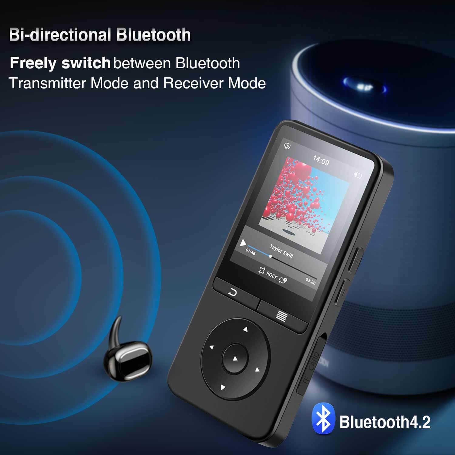 AGPTEK Bluetooth MP3 Player with 2.4 Inch TFT Color Screen, FM/Voice