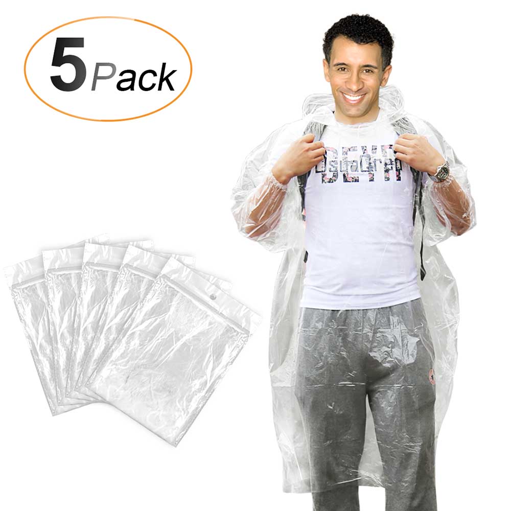 5 Pack Disposable Rain Poncho for Adults 