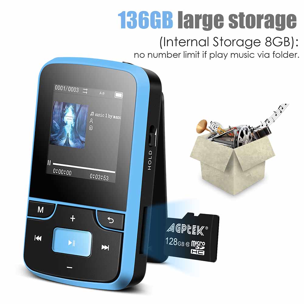 AGPTEK Bluetooth MP3 Player 8GB with Clip FM&Recorder Slot up to 128GB for Sport