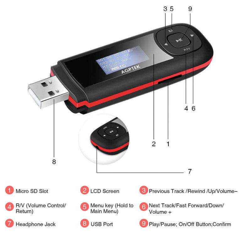 AGPTEK U3 16GB Portable USB MP3 Player with Recording and FM Radio