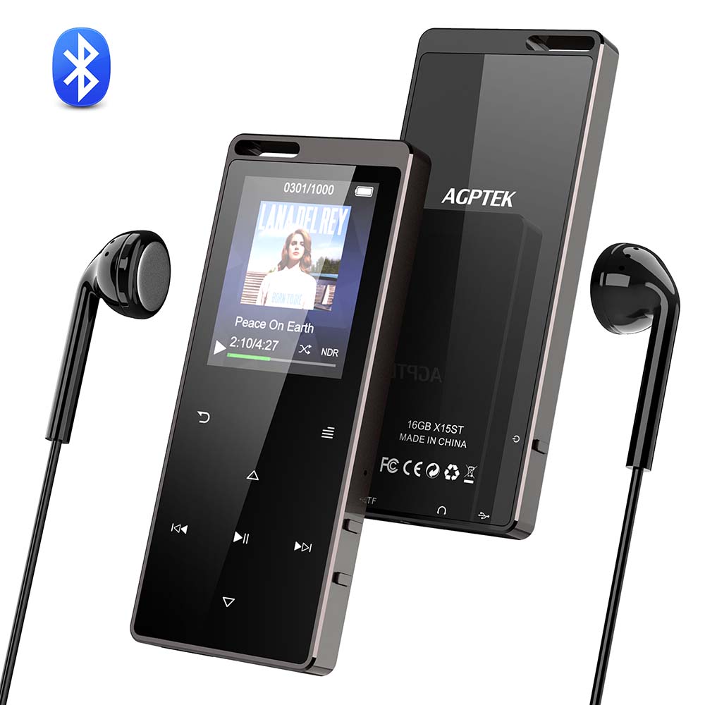 Radio FM Repetición A-B H9 MP3 con Auriculares Negro con 9 Botones Táctiles y Altavoz Incorporado hasta 128GB Grabaciones AGPTEK Reproductor MP3 Bluetooth 4.0 16GB 