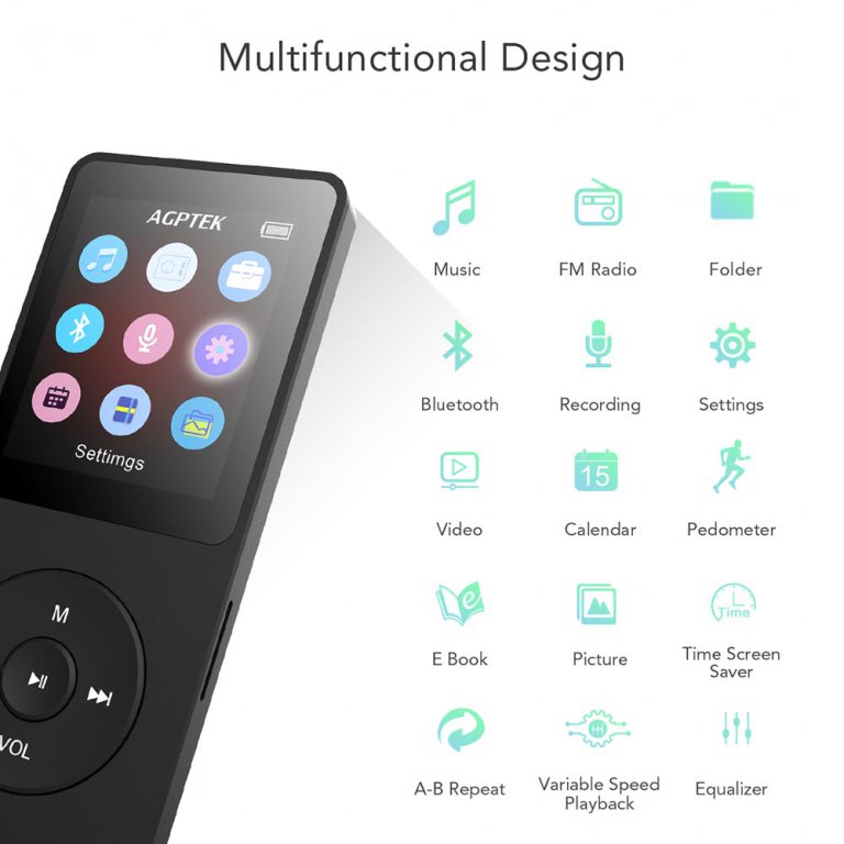 AGPTEK MP3 Player, Bluetooth Lossless Music Player with FM Radio, Voice