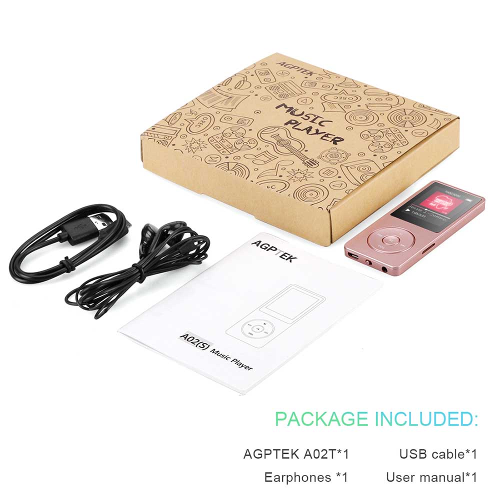 AGPTEK A02 8GB MP3 Player, 70 Hours Playback Lossless Sound Music Player,  Supports up to 128GB, Rose Gold