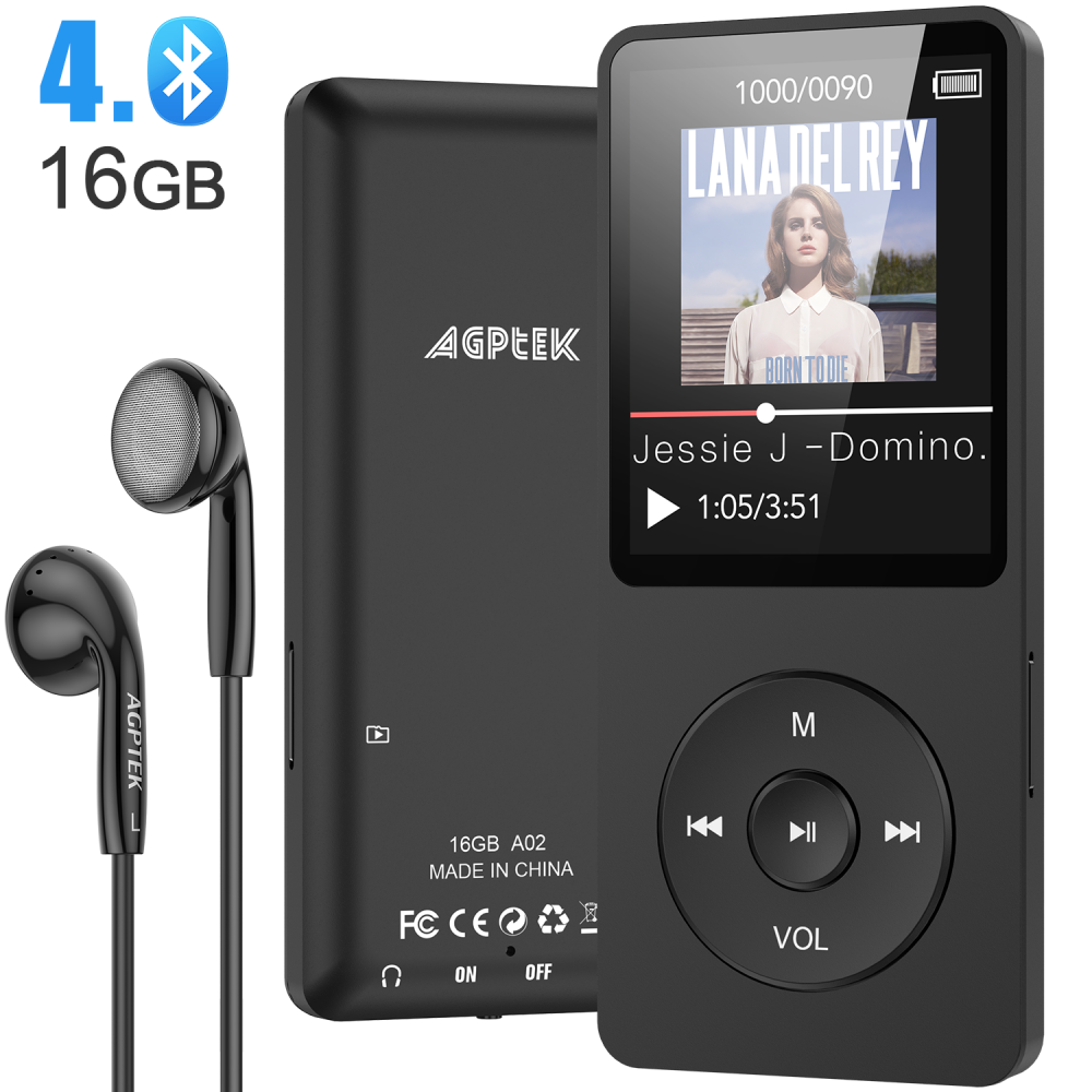 AGPTEK 16GB MP3 Player with Micro SD Card Slot, Black, A02S