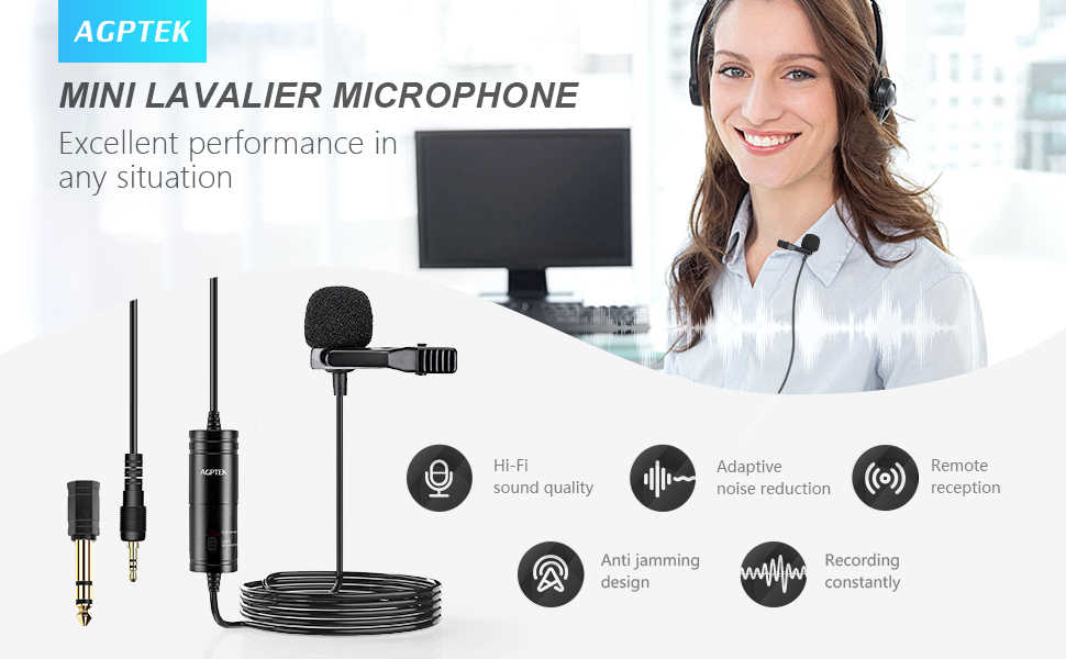 Lavalier Microphone, AGPTEK (236 in) Clip on Omnidirectional Condenser