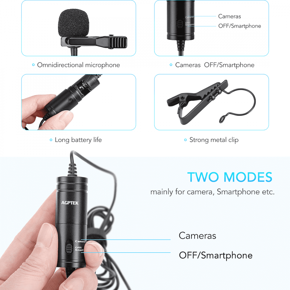 Lavalier Microphone, AGPTEK (236 in) Clip on Omnidirectional Condenser
