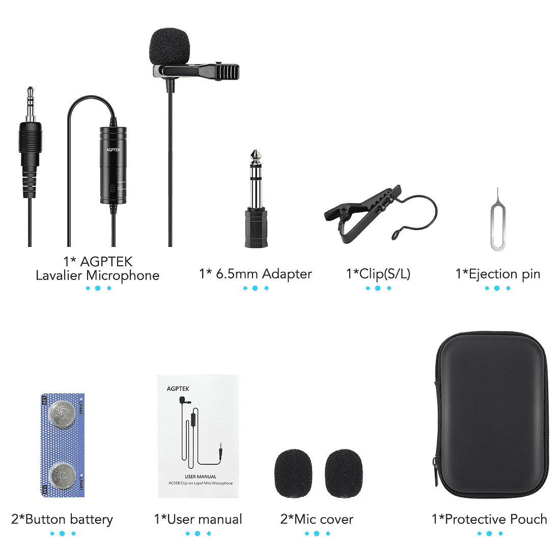 Lavalier Microphone, AGPTEK (236 in) Clip on Omnidirectional Condenser