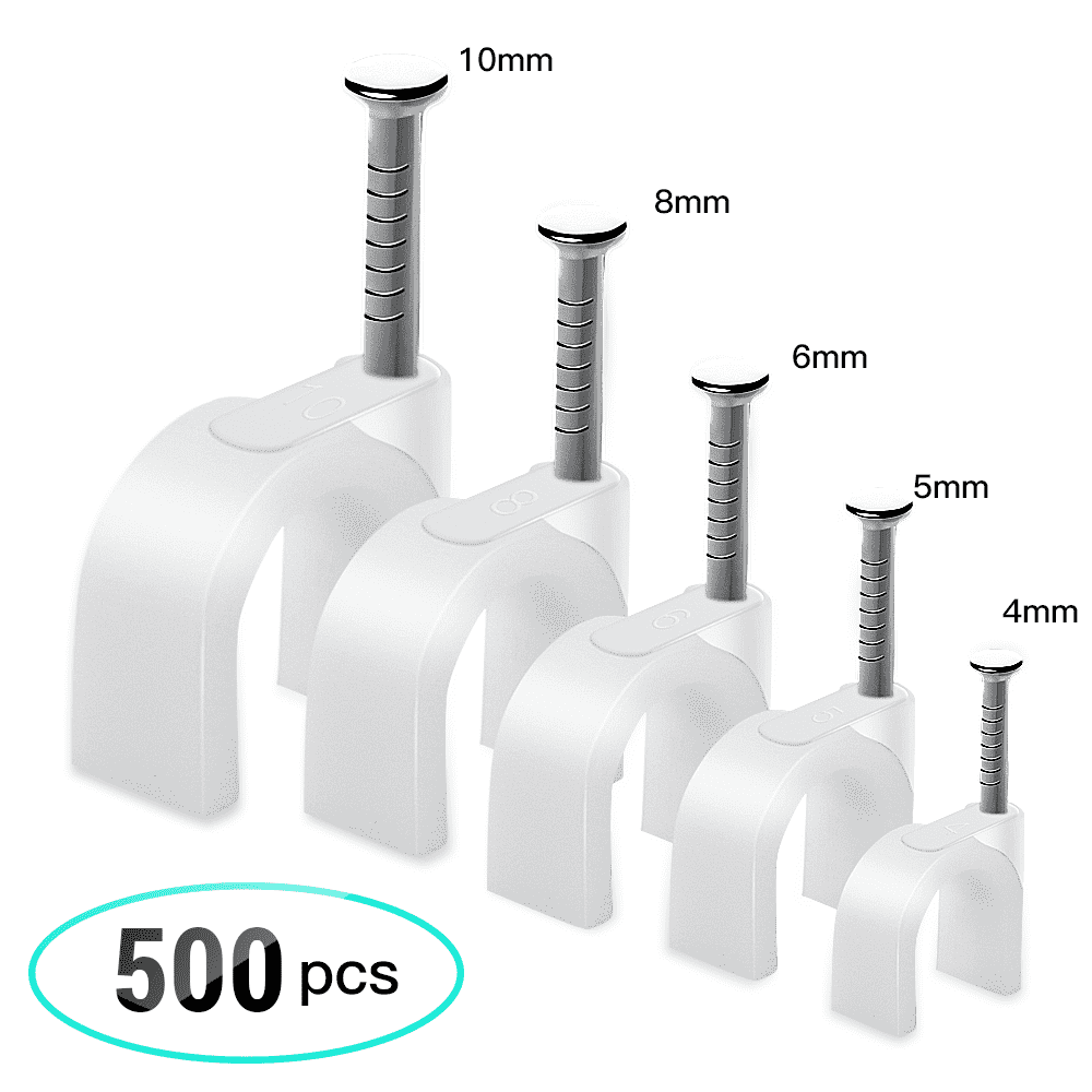 Tiolnlian 500pcs Circle Cable Clips with Steel Nail 4mm 6mm 7mm 8mm 10mm Cable Wire Clips White Cable Staples for Ethernet Cable TV Wire Telephone Cable Management 