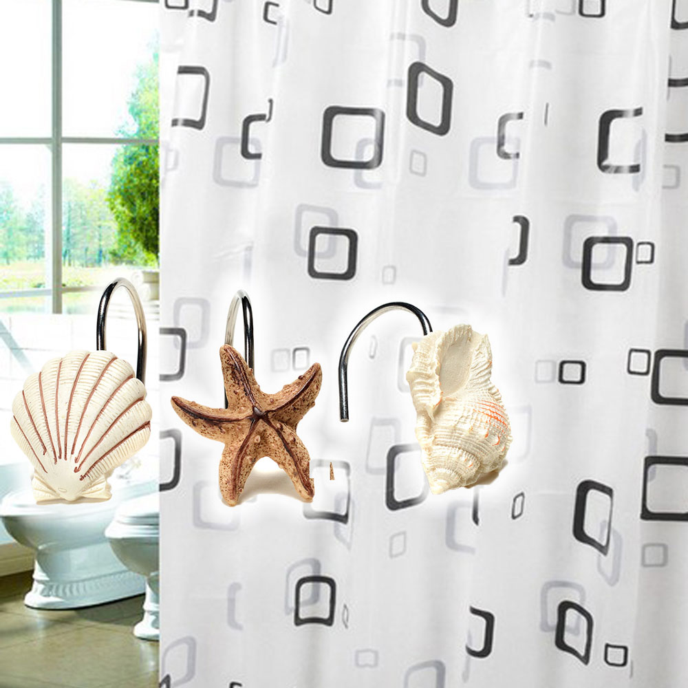 AGPtek 12 PCS Fashion Decorative Home Bathroom Seashell Shower Curtain Hooks  (Seashell: Light Brown, Starfish: Tan, Conch: Light Brown)