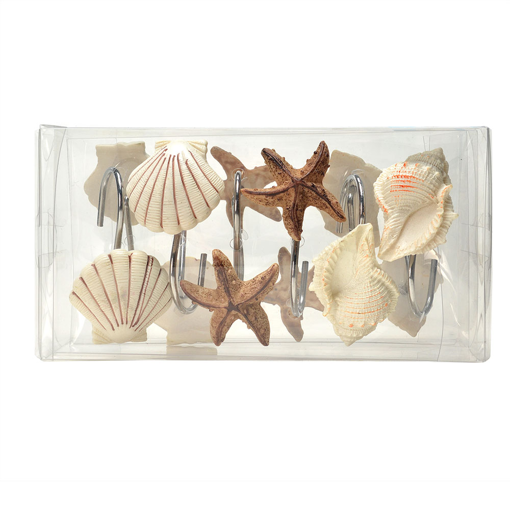 12pcs Oceanic Style Shower Curtain Hooks With Starfish, Conch And