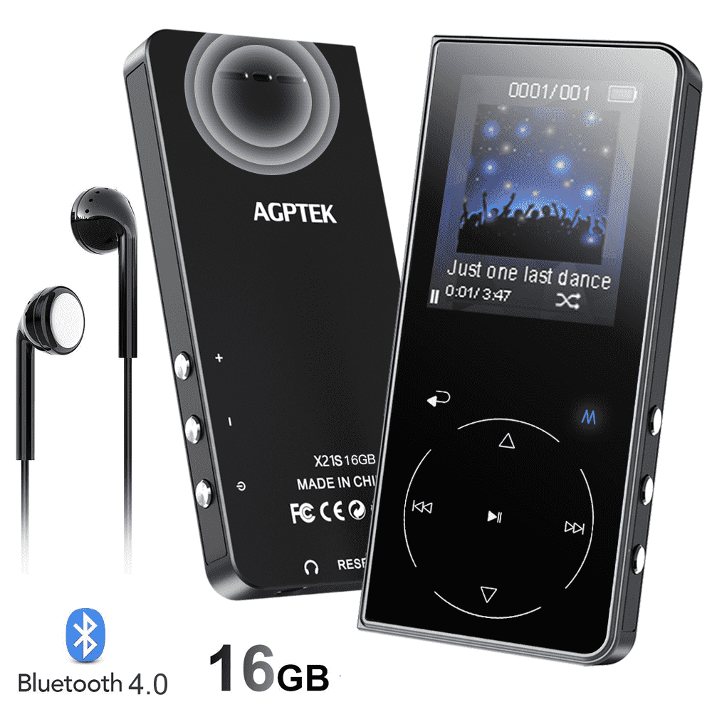 Podómetro,Ampliable hasta 128GB,Negro Reproductor MP3 Bluetooth 16GB HiFi,AGPTEK X21 Reproductor de Música Deportivo con Altavoz Integrado,Función de Radio FM,Grabadora de Voz 