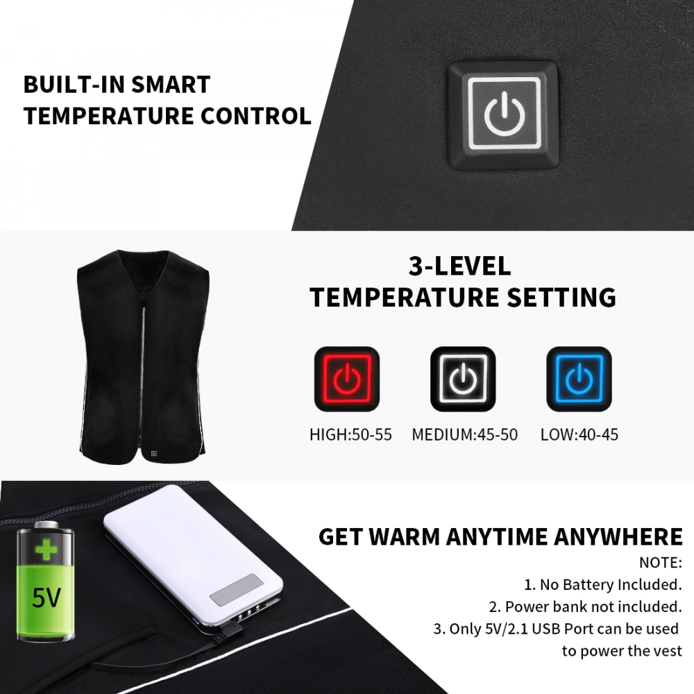 Heated Vest Electric Heating Clothes USB Washable No Power Bank 