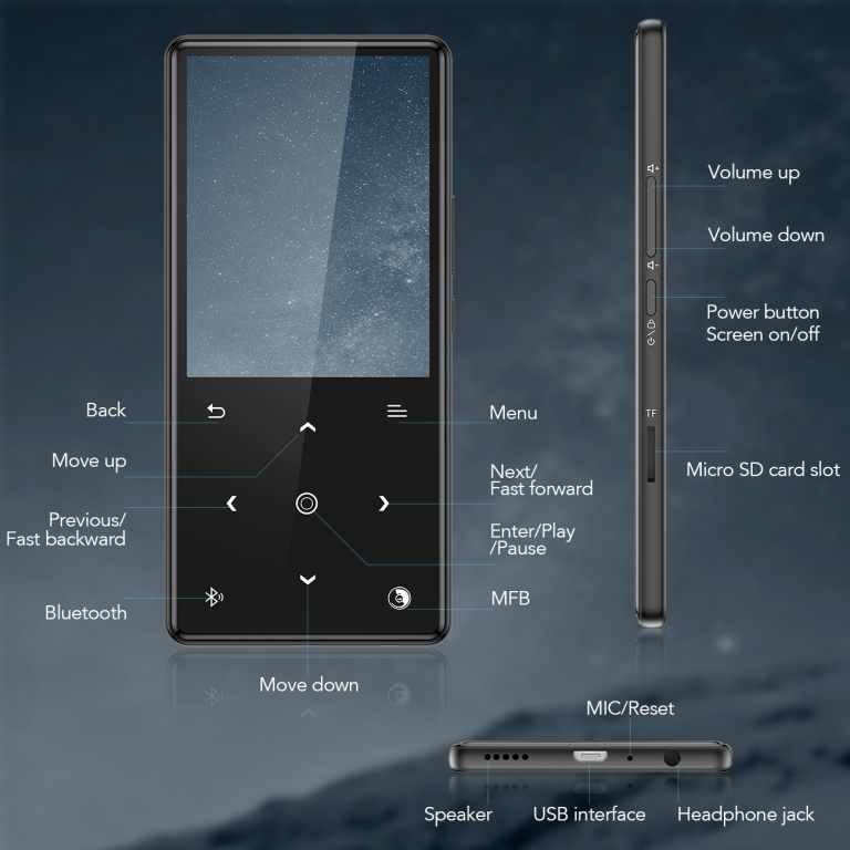 AGPTEK 16G Bluetooth MP3 Player Builtin Speaker with Headphones