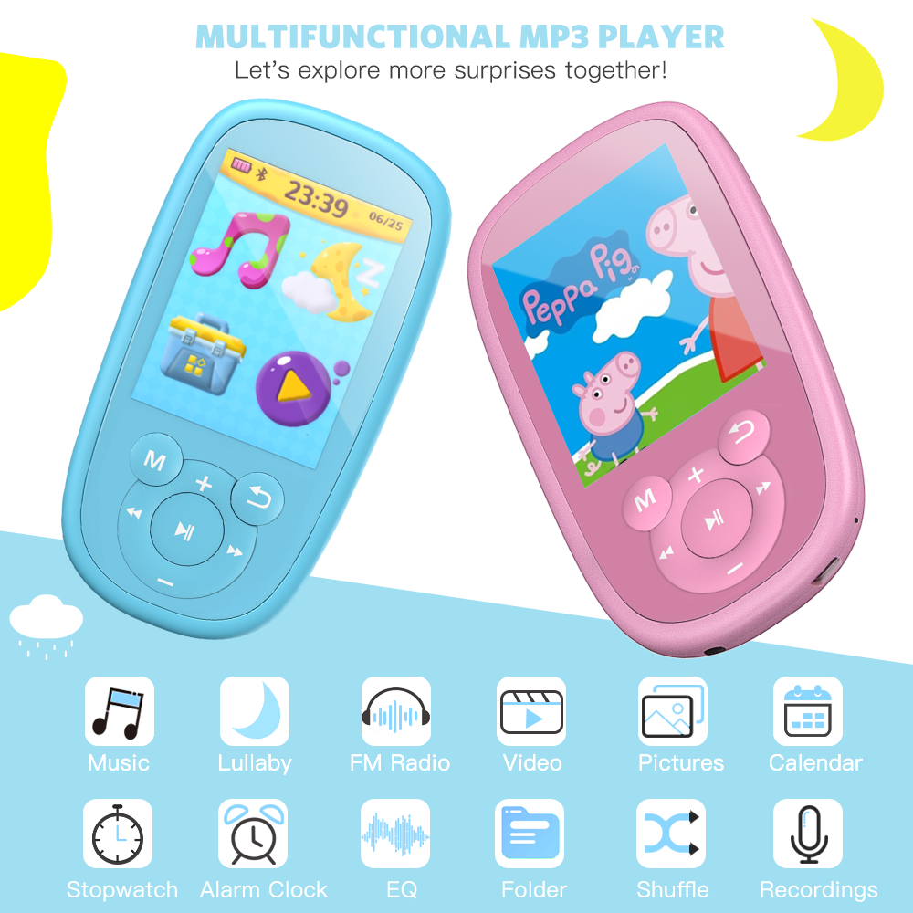 AGPTEK MP3 Player for Kids, Children Music Player with Bluetooth, Built-in Speaker 8GB, 2.4 Inch Color Support FM Radio, Video, Voice Recorder, Expandable Up 128GB,Blue |