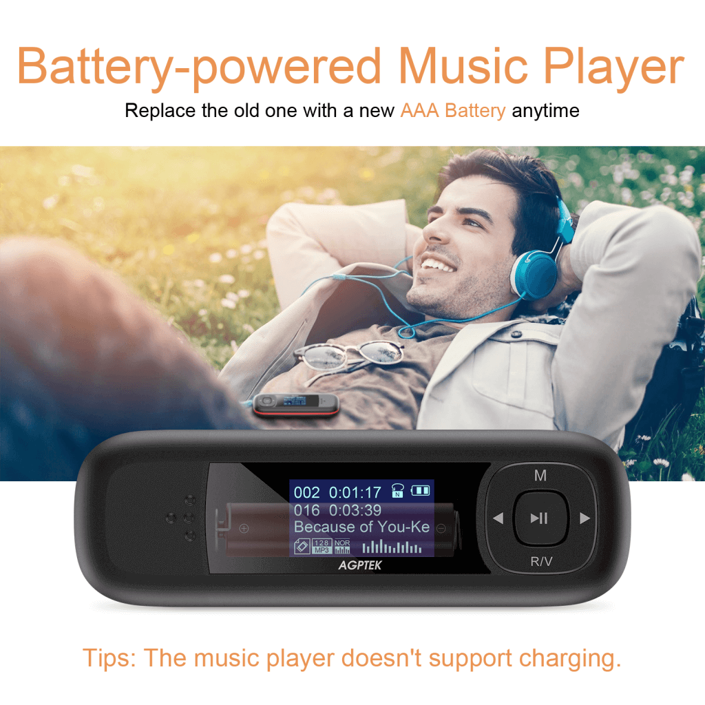 AGPTEK U3 USB Stick Mp3 Player, 8GB Music Player Supports Replaceable AAA Battery, Recording, FM