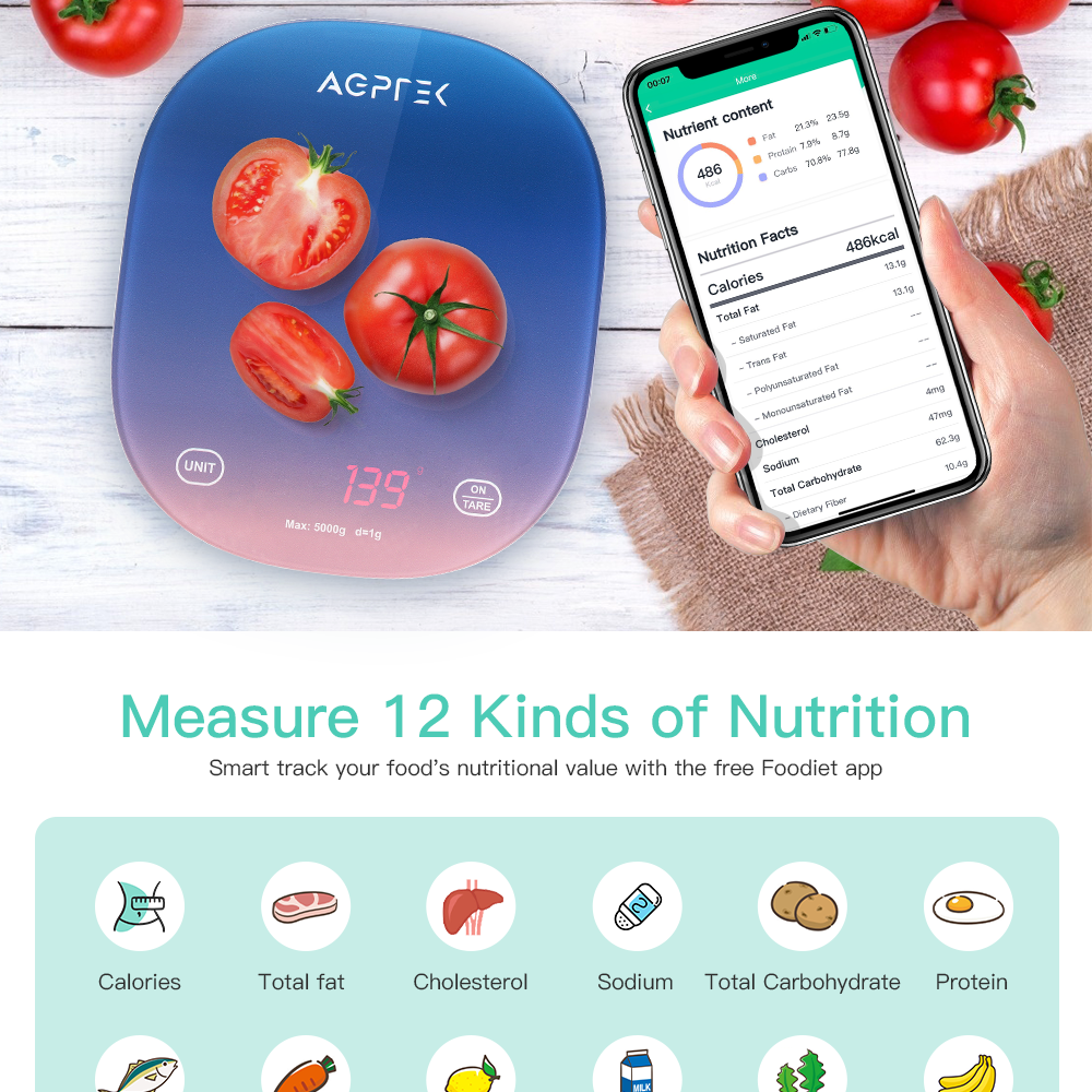 Smart Food Scale with Smartphone App, AGPTEK Digital Kitchen Scale Measures in Grams, Ounces and