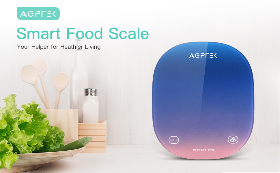 Smart Food Scale with Smartphone App, AGPTEK Digital Kitchen Scale Measures  in Grams, Ounces and Pounds, Food Nutritional Calculator for Weight Loss,  Baking, Cooking, Coffee, Dark Blue