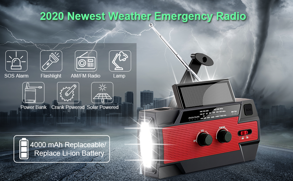 Emergency Weather Flashlight Radio,2020 Newest Crank Solar NOAA Radio with AM FM,Best Reception,4000mAh Power Bank,Super Bright Flashlight,Motion Sensor Reading Lamp,SOS Alarm for Hurricane,Outdoor 