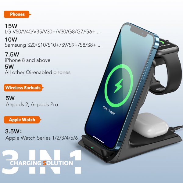 Wireless Charging Station 15W, AGPTEK 3 in 1 Wireless Charger Stand Fast Charging Dock for Apple