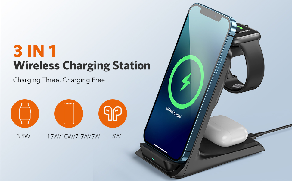 Wireless Charging Station 15W AGPTEK 3 in 1 Wireless Charger